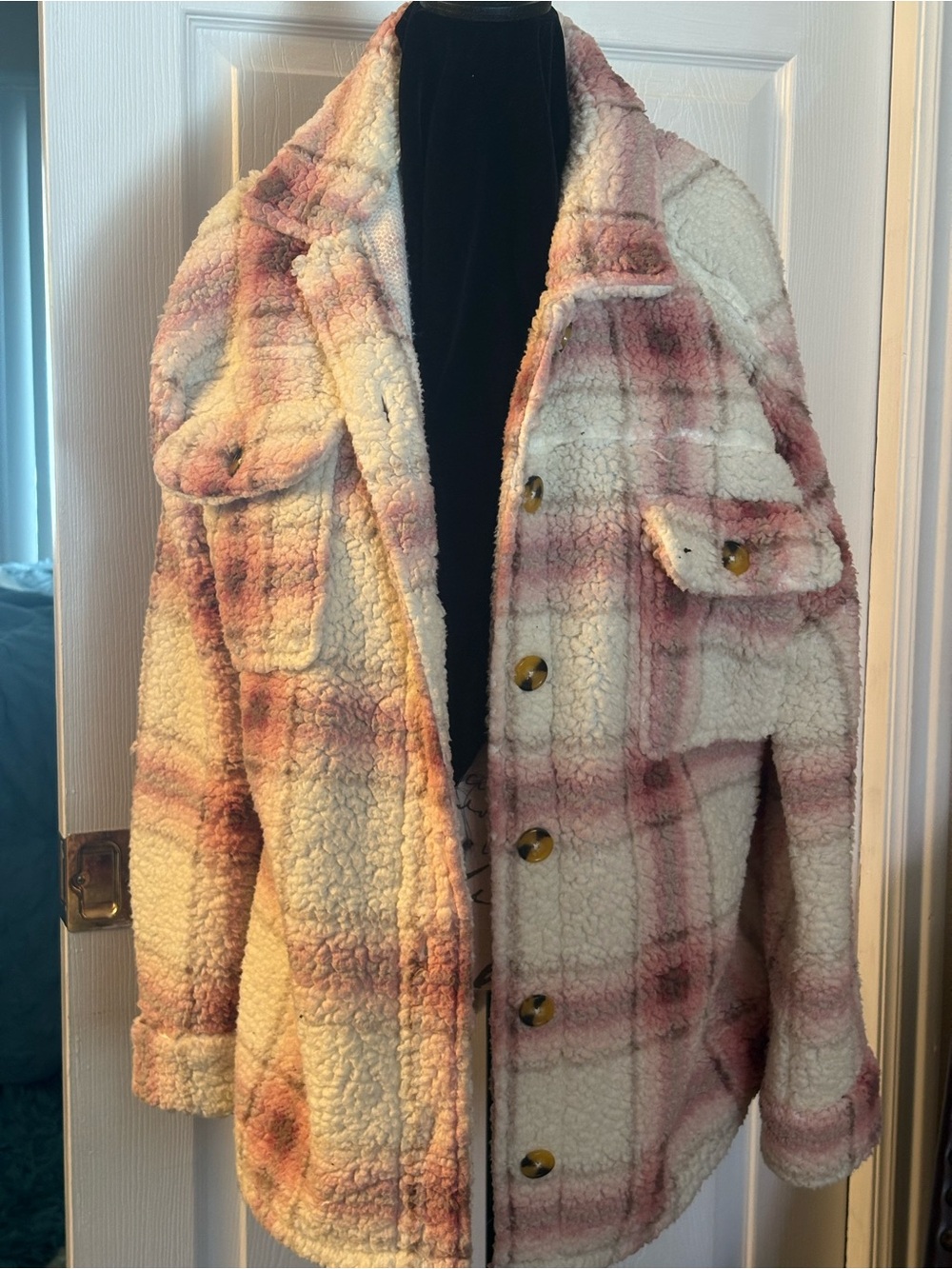 No Boundaries Cream and Pink Plaid Teddy Jacket